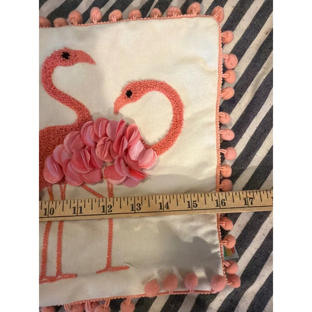 DEI Pink Flamingo 3D Petal Pom Pom Trim Embroidered Pillow Cover 12x17 Ivory
